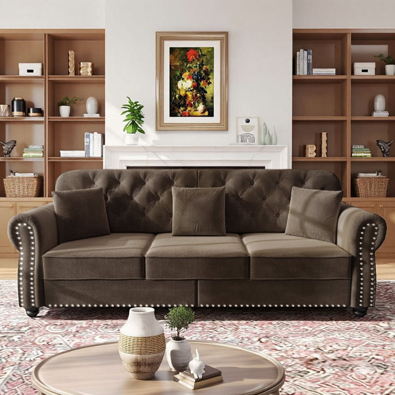 Canapé Chesterfield 82,6 po en velours moderne avec repose-pieds et coussins, Brun