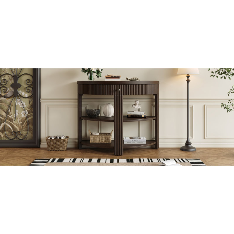 Console cannelée demi-lune avec tiroir et 2 tablettes pour le hall d'entrée, le salon et le couloir, Espresso