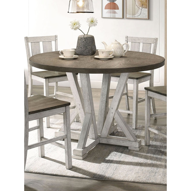 Table bicolore à hauteur de comptoir rustique, blanc antique / brun cendré, bois massif et placage de chêne noueux, 4 places, base piédestal avec pieds de salle à manger