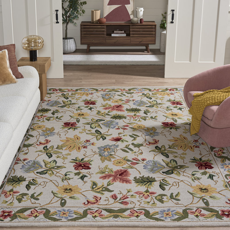 Tapis en laine bouclé / crocheté à la main à motif floral Sapin beige / vert / rouge, Rectangle 8 pi x 10 pi