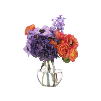 Hydrangea Ranunculus, Purple Orange, Glass Vase, 15wx12dx17h