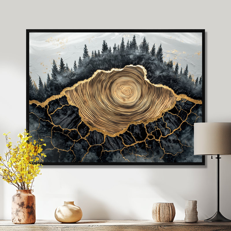 Gerina forêt sombre liquide Gem River I - forêt, art mural, H 30 po x l 40 po, Noir, Avec cadre