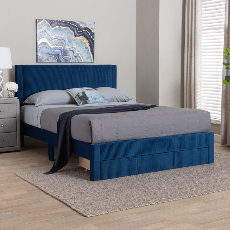 Aula Baxton Studio Elora Modern Pleated Velvet Queen Size Storage Bed, Blue