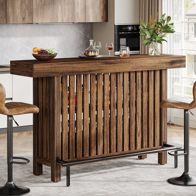 Table de bar moderne à 2 niveaux avec repose-pieds et bar pour la maison, Brun rustique