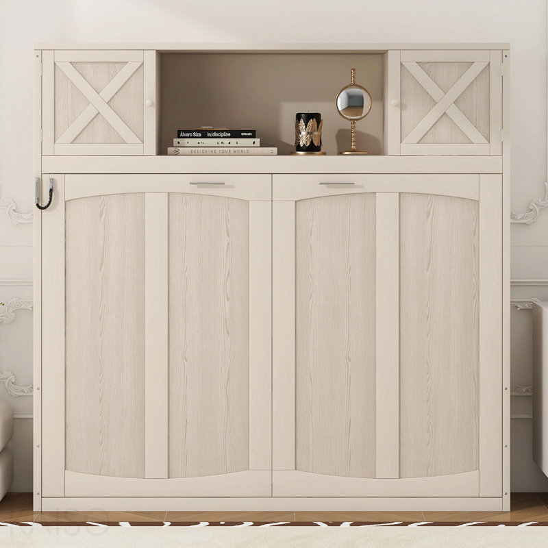 Queen Size Murphy Bed With Storage Cabinets, Beige
