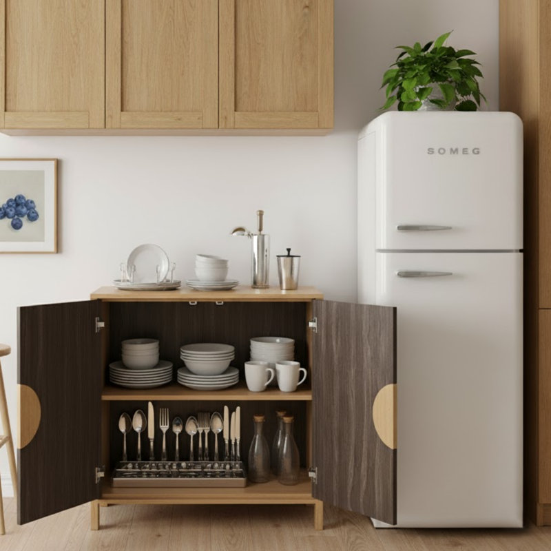 Buffet 63 pièces 2 pièces Mid-Century avec tablettes réglables, rangement à 4 compartiments et pieds en bois massif
