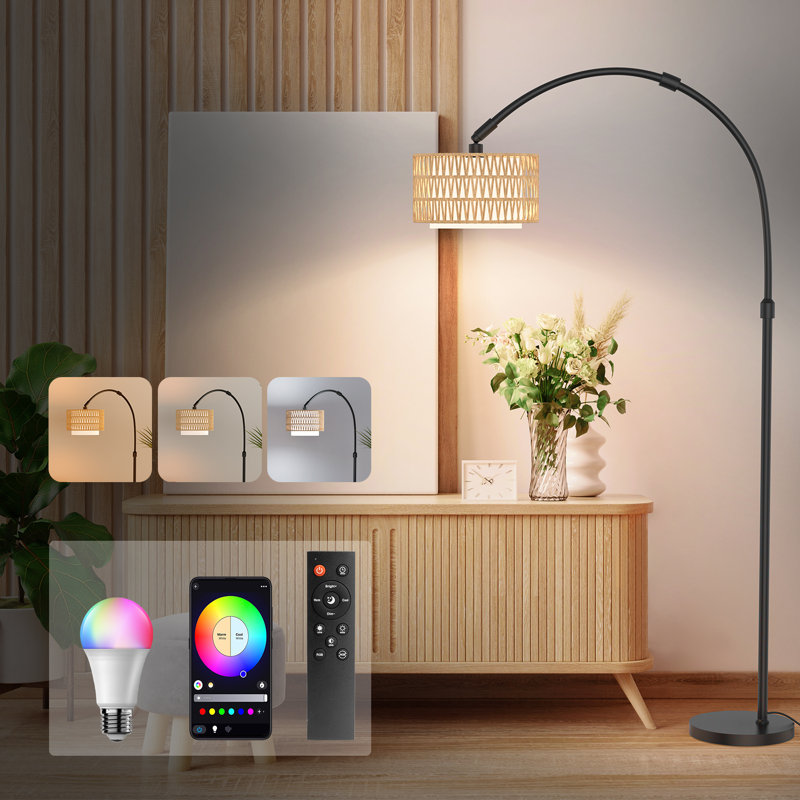 Boho Fishing Floor Lamp with Remote Control, Dimmable Arc Floor Lamp with 3 CCT and RGB,Farmhouse vintage Floor Lamps with Rattan Shades, Vintage floor lamp, Dimmable floor lamp for Bedroom, Office, living room,bedroom,Halloween, Black Friday, Christmas