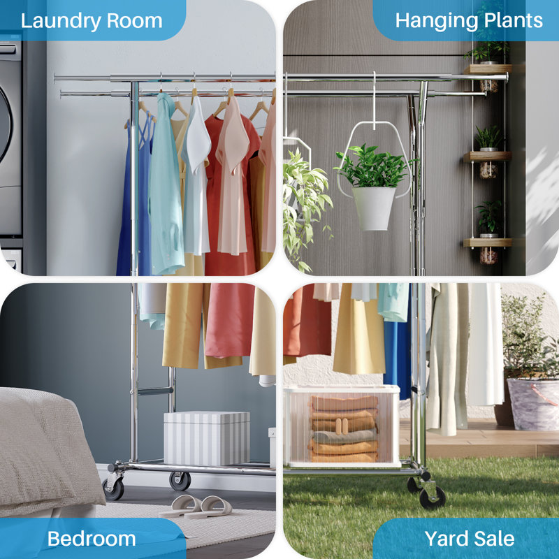 Heavy Duty Clothes Rail, Extendable Hanging Rack with Lockable Wheels