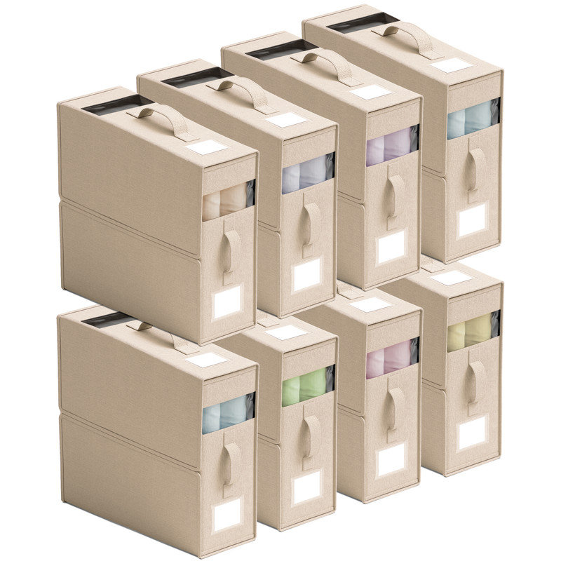 Ensemble de 8 bacs de rangement pour draps en lin - Bacs de rangement pour draps avec 2 poignées, fenêtre transparente et pochettes pour étiquettes, organisateur de placard pliable pour literie et literie grand et très grand