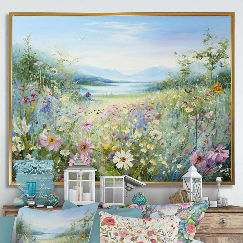 Simplity Wreath Green Flower Field - Art mural grand champ de fleurs, Cadre flottant doré, H 24 po x l 32 po x P 1 po