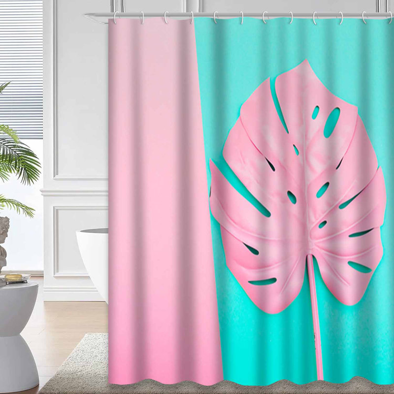 Rideau de douche imperméable rose à motif de feuilles de palmier tropicales avec 12 crochets Monstera, L 72 po x l 78 po