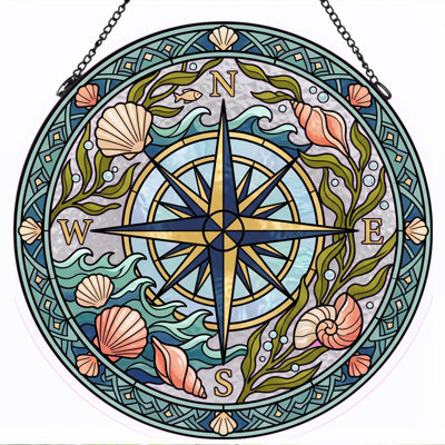 Compass Rose Stained Glass Window Panel，12"H