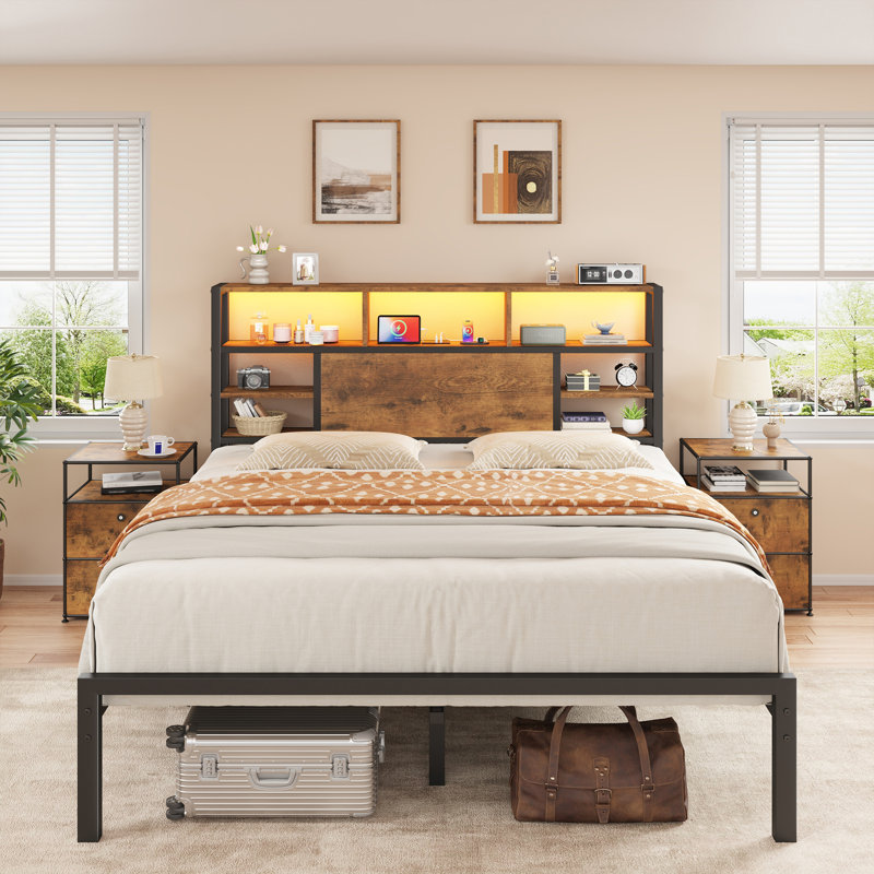 Bed with Storage Headboard, RGB LED Lights & USB Charging - Multi-Tier Shelves, Full/Queen/King, Q, brown