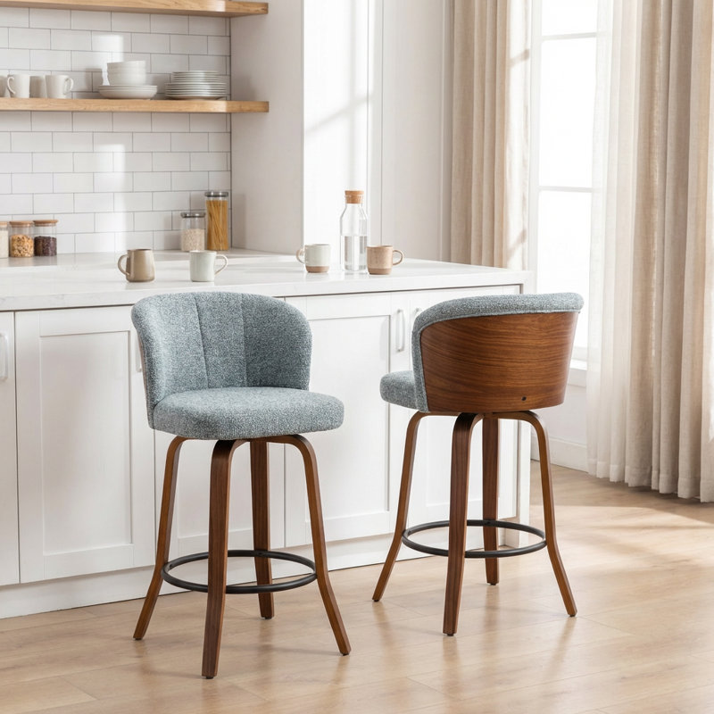 Tabouret de comptoir pivotant rembourré avec structure en bois Devaney, Bleu
