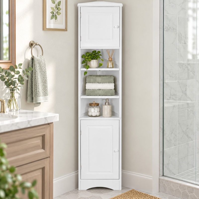 Armoire de rangement de coin haute avec 2 portes, tablettes réglables et tablette ouverte