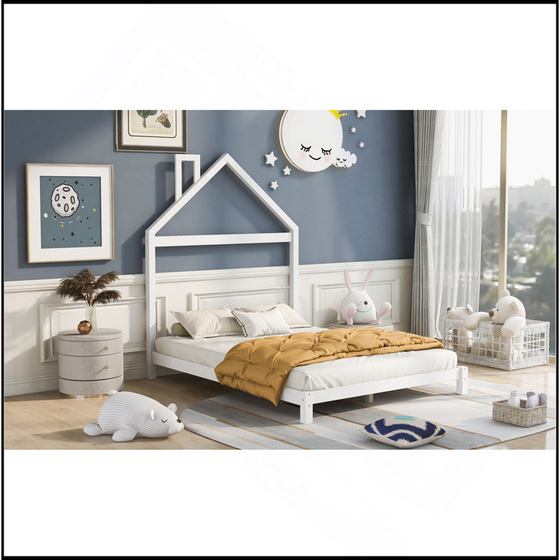 Lit plateforme en bois avec tête de lit en forme de maison, Lit double, Blanc