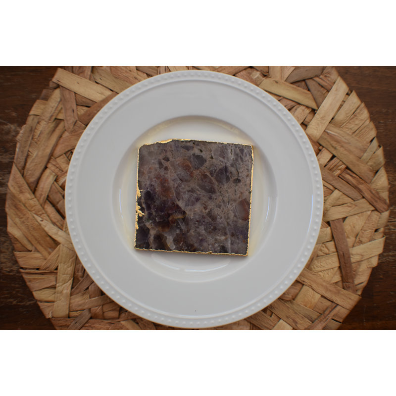 Purple and Gold Polished Stone Square Coaster Set, 4 Pieces
