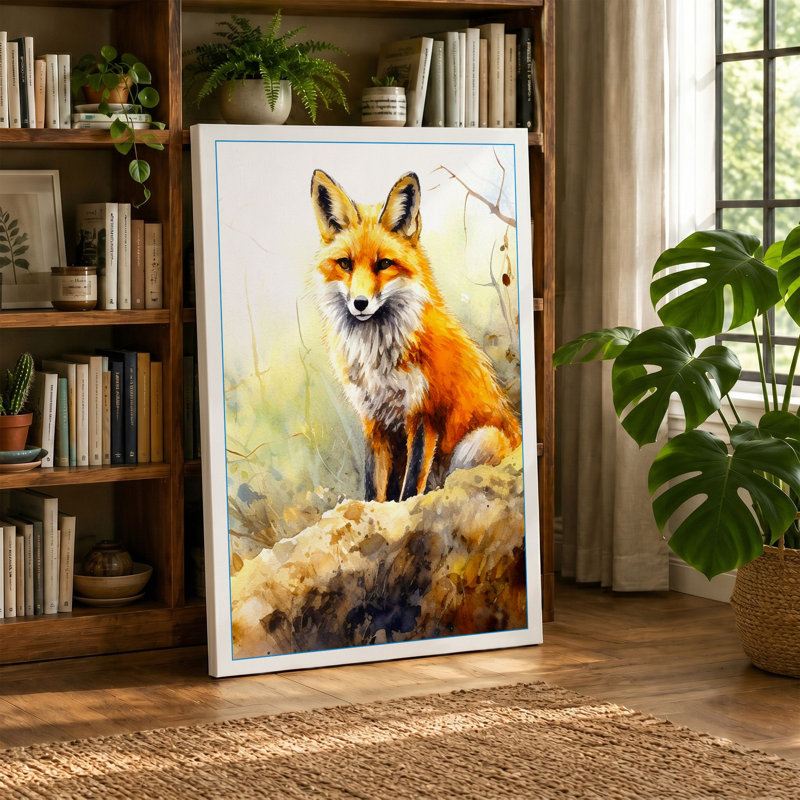 Alert Fox On Stone Boho - Print, 30x20 - 76.2 x 50.8 cm, Taupe Border