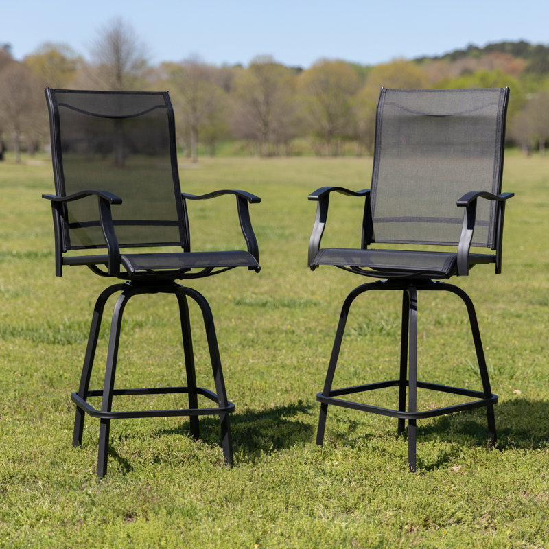Corchado All-Weather PVC-Coated Polyester Swivel Patio Bar Height Stools with High Back and Armrests, Black