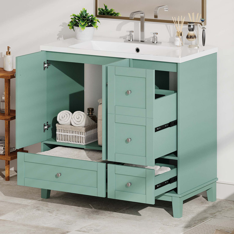 Meuble-lavabo moderne de 36 pouces avec charge USB, meuble-lavabo avec deux portes et trois tiroirs, petit meuble-lavabo avec lavabo simple, robinets non inclus