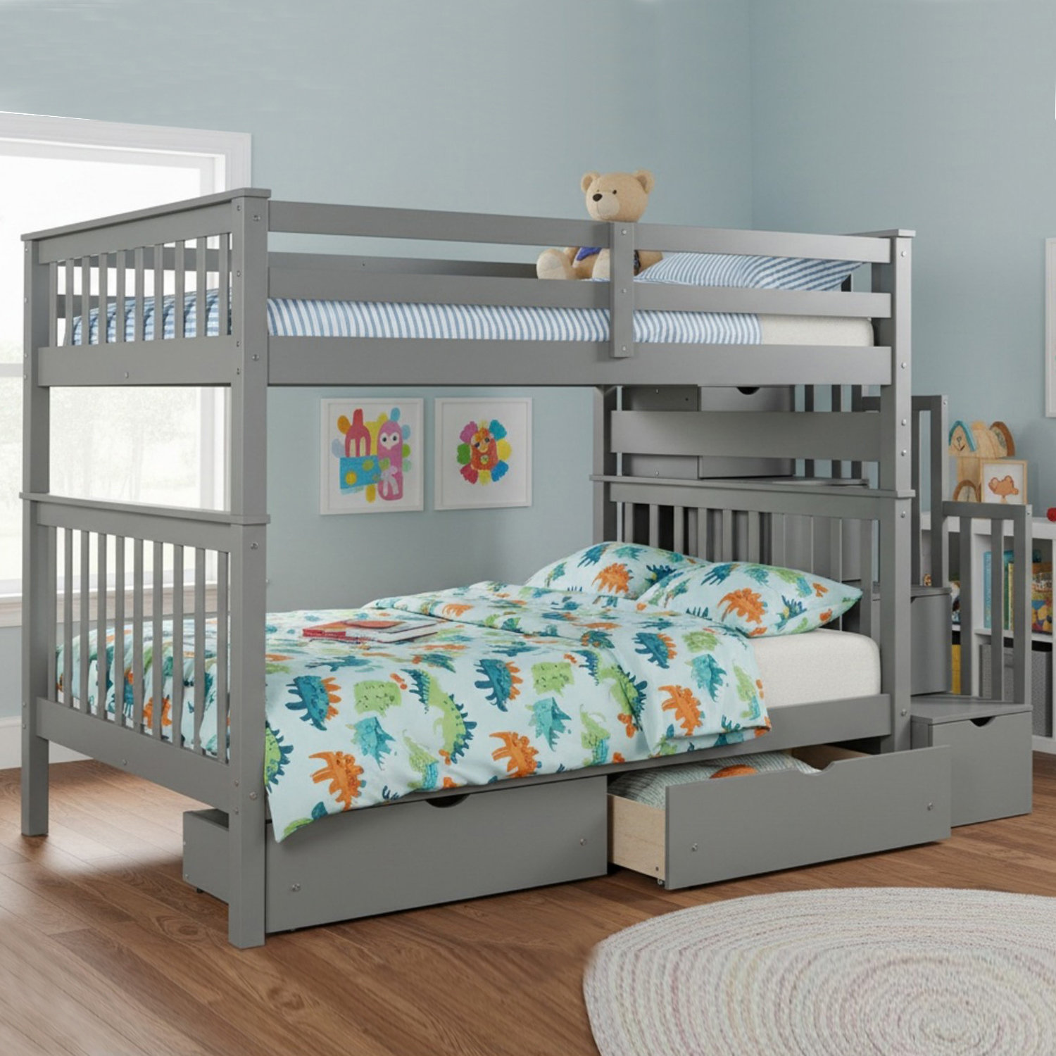 Harriet Bee Solid Wood Full Over Full Bunk Bed with Shelves and 6 ...