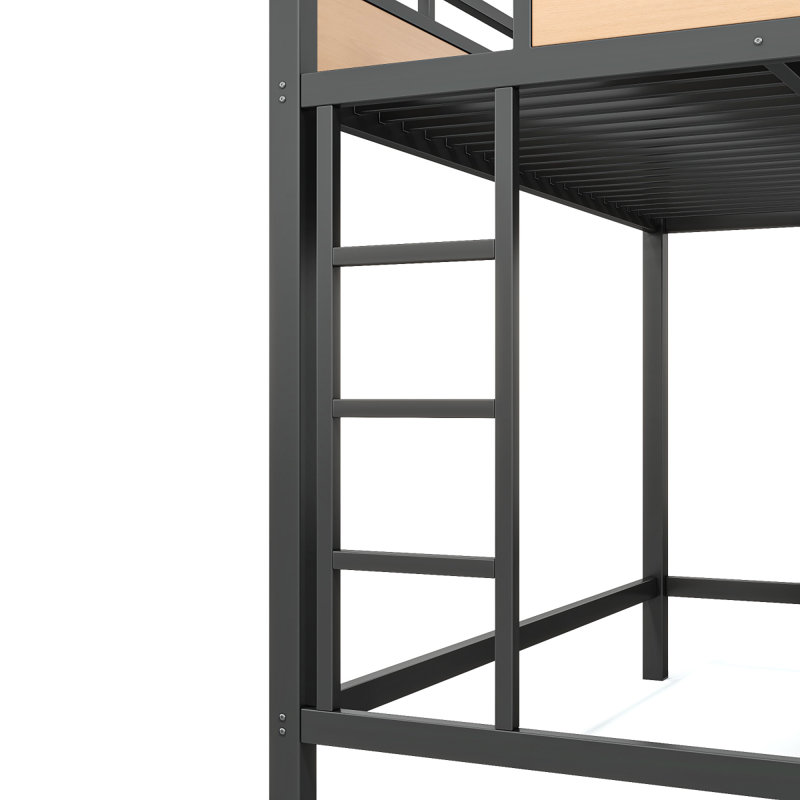 Grand cadre de lit mezzanine avec tablettes de rangement et panneau perforé, lit mezzanine en métal avec ports USB et lumières DEL, sécuritaire et robuste, naturel