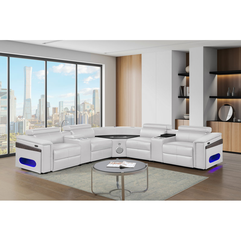 Canapé modulaire Nova avec 2 consoles (lampe de lecture + réfrigérateur), coin avec haut-parleur Bluetooth, DEL et armoire à vin relevable - blanc