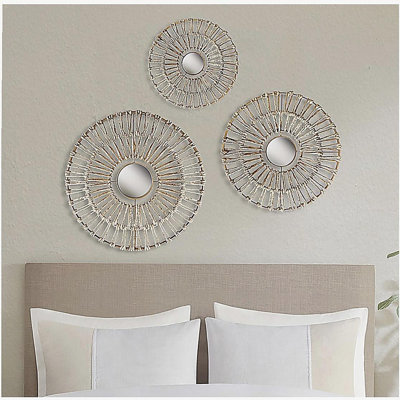 Circular natural fiber and mirror 3-piece wall hanging decoration