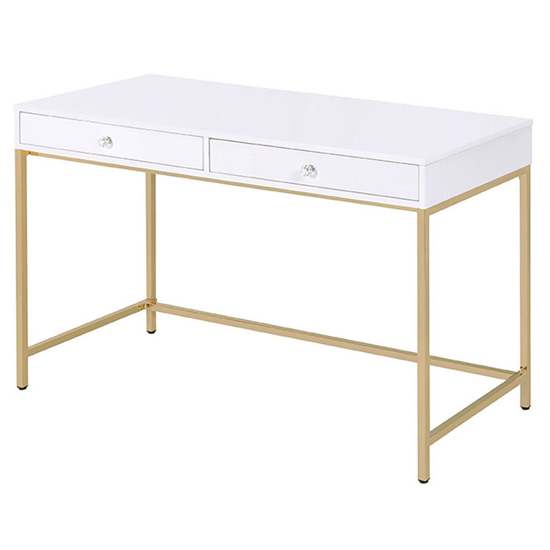 Bureau contemporain blanc brillant et or, piètement rectangulaire laqué brillant pour bureau