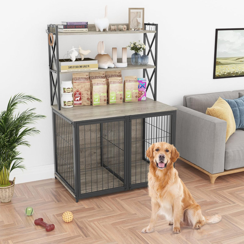 Table de bout en bois pour caisse de chien avec dessus rabattable et cloison mobile, Gris