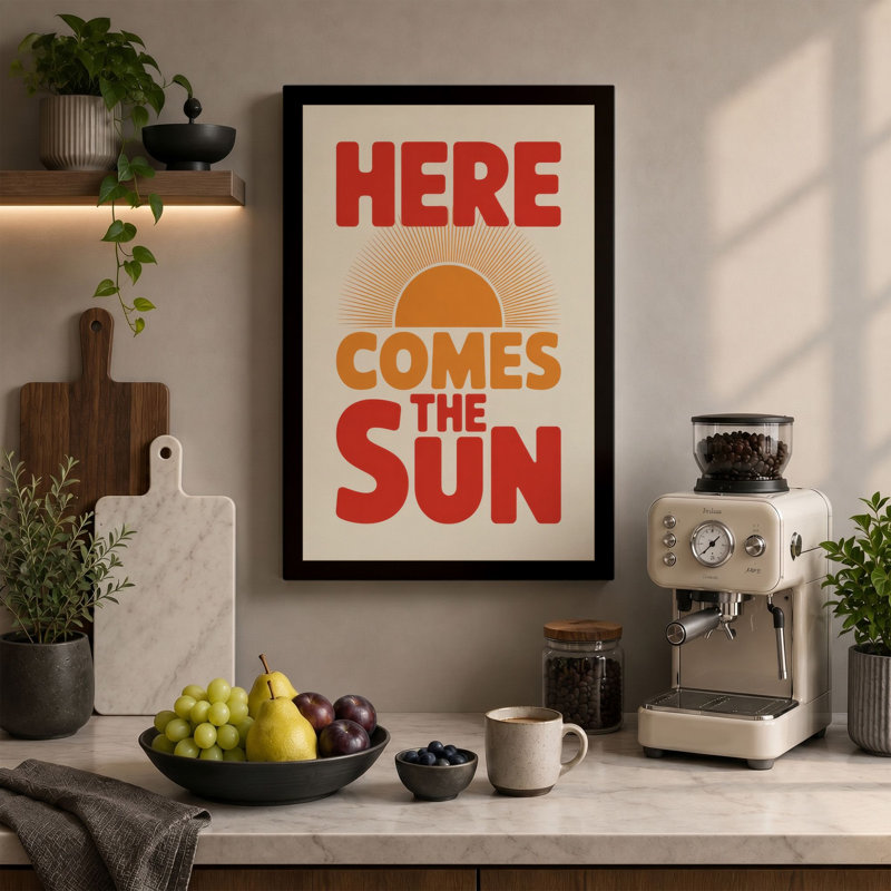 Here Comes The Sun Typography - Wrapped Canvas, 36x24 - 91.4 x 61.0 cm, Taupe Border