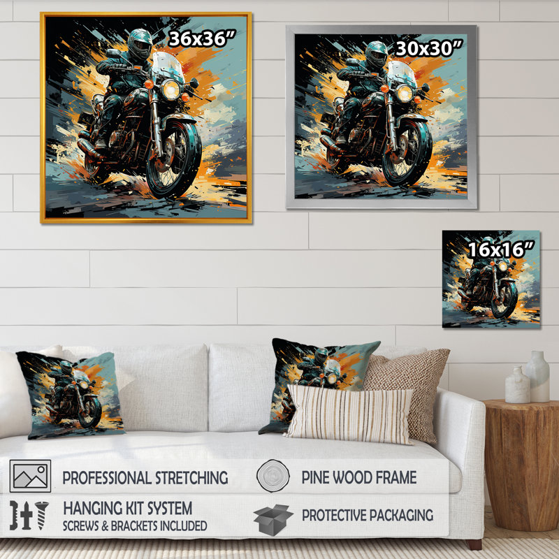Motocyclette sur toile, Toile tendue, H 24 po x l 24 po x P 1 po