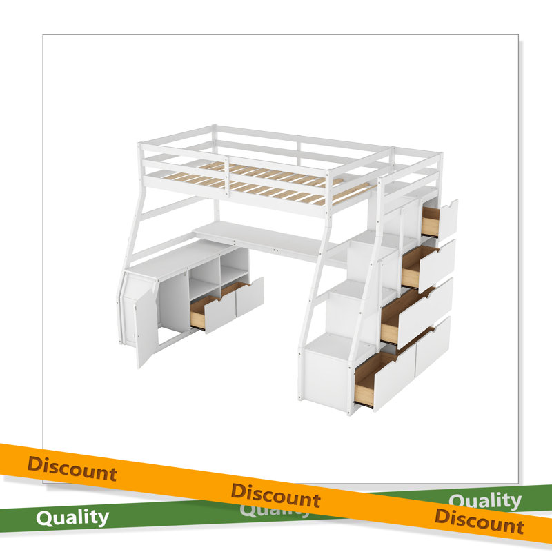 Lit mezzanine simple avec 7 tiroirs, 2 tablettes et un bureau, Blanc