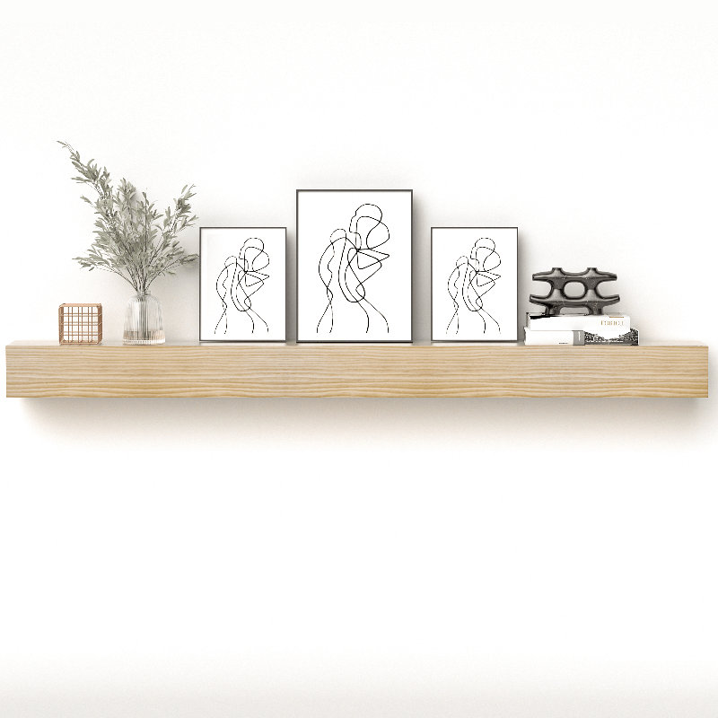 80'' W Hand Carved Solid Pine Wood Mantel, Wall Mounted Wooden Display Shelfing, Log