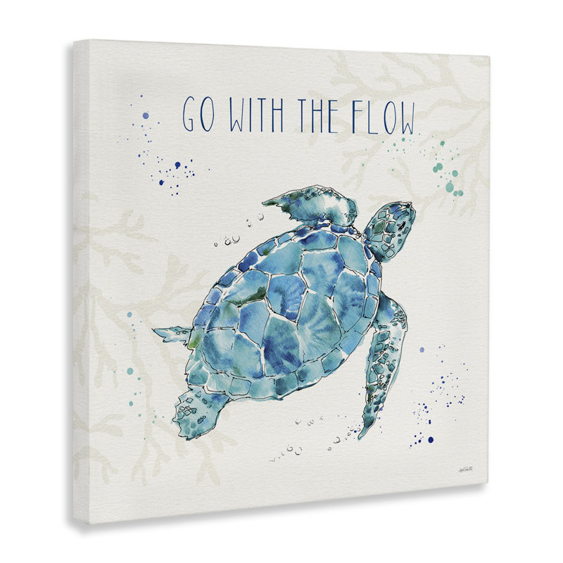 «Go with the Flow», citation, tortue, tortue, bleu, vert, aquarelle par Anne Tavoletti - impression, H 36 po x l 36 po