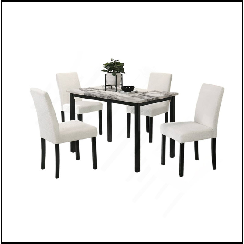 Wool Fabric Chairs Faux Marble Top Table 5Pc Dining Set Kitchen Dinette Cushions Upholstered 4X Chairs Dining Room, Black