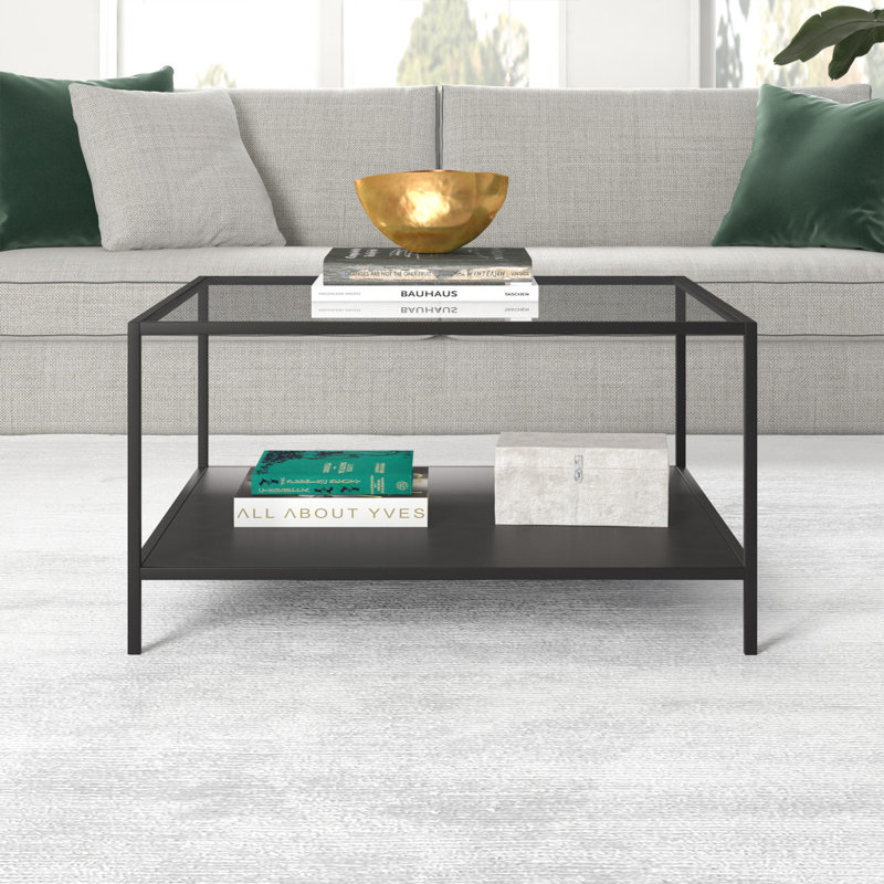 Table basse carrée en acier et verre noir 32 "Ceno avec tablette Ceno