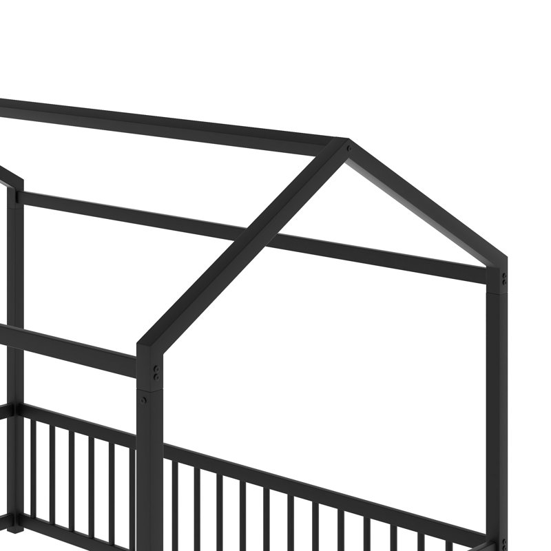 House Shaped  Floor Bed With Safety Fence For Toddlers, Black, Full