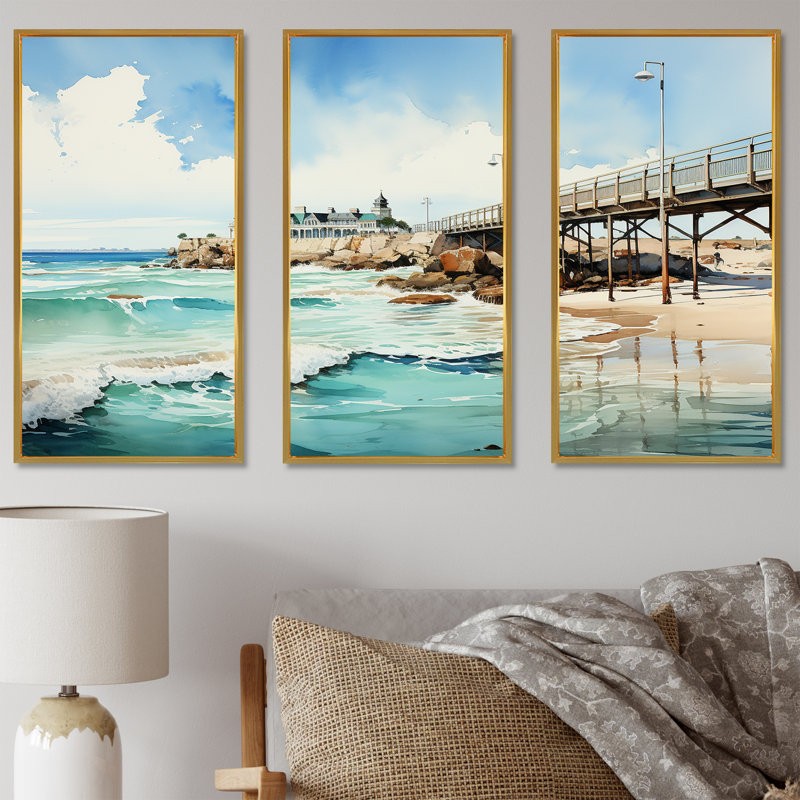 Pitchford - Coastal Pier, ensemble de reproduction d'art mural, Cadre flottant doré, H 40 po x l 60 po x P 1 po