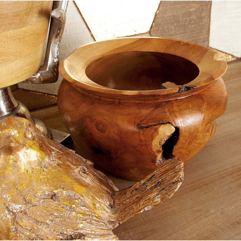 Bol décoratif en bois de teck Donley, 6" H x 9" W x 9" D