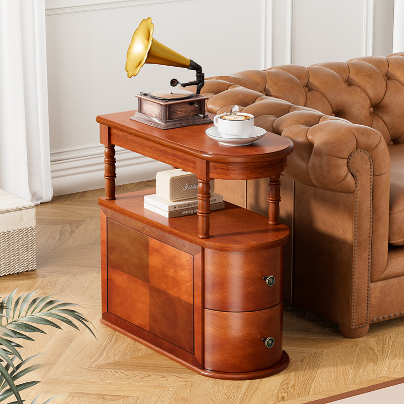 Table de bout en bois massif, table d'appoint étroite avec 2 tiroirs et tablette, dossier fini, table d'appoint en bois rétro pour la chambre du salon