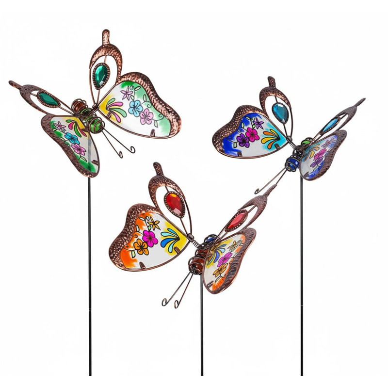 3 Pack Metal Butterfly Garden Stakes - Stained Glass Outdoor Yard Art with Gemstones, Weatherproof Decor