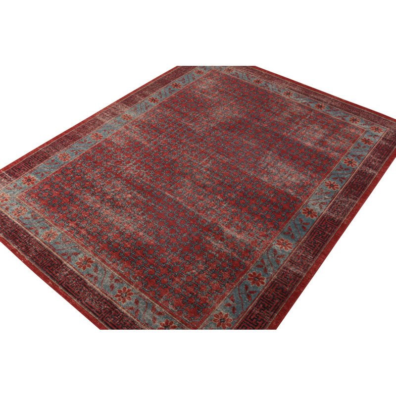 Distressed Homage Hand Knotted Wool Geometric Area Rug in Blue, Orange, Red, Beige, Brown, Rectangle 12' x 15'