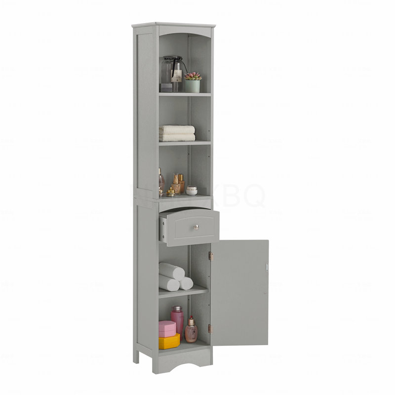 Grande armoire de salle de bain, armoire de rangement autoportante avec tiroir, panneau de fibres à densité moyenne, tablettes réglables