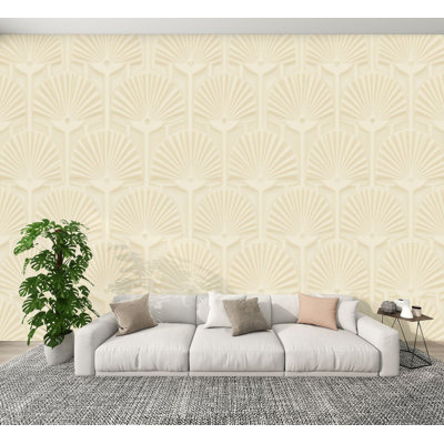 Vintage Peel and Stick Wallpaper Art Deco Fan Shell Beige Cream Vintage Geometric Repeat Design Wall Murals 100"H x 144"W Removable PVC Wall Paper Self-Adhesive Wall Decor for Bedroom Living Room
