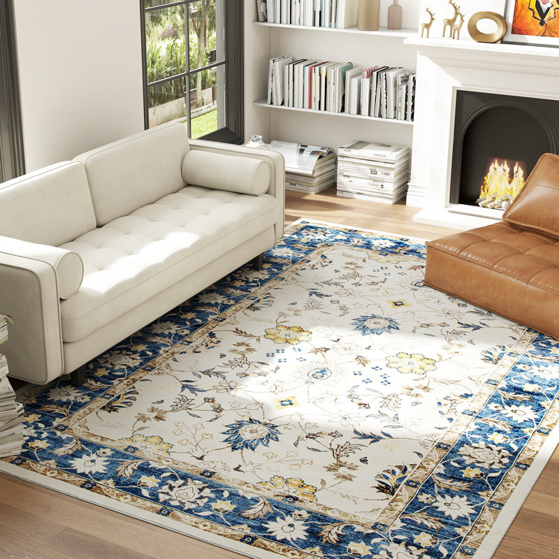 Area Rug 8x10, Machine Washable Rug, Non-Slip Boho Floral Print Floor Cover Foldable Carpet for Living Room, Bedroom, Dining Room, Blue