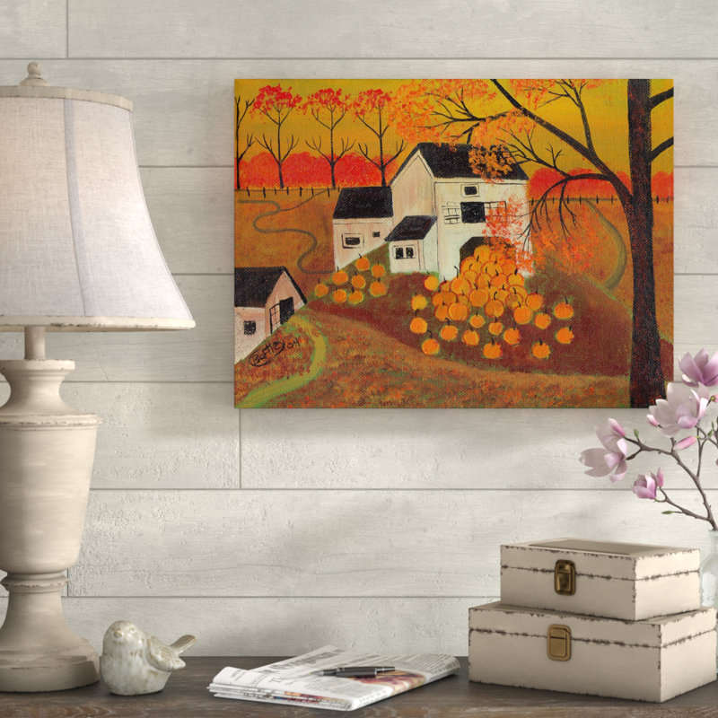 « citrouille grange d’automne folk art », reproduction de peinture à l’acrylique sur toile tendue, H 24 po x l 32 po x P 2 po