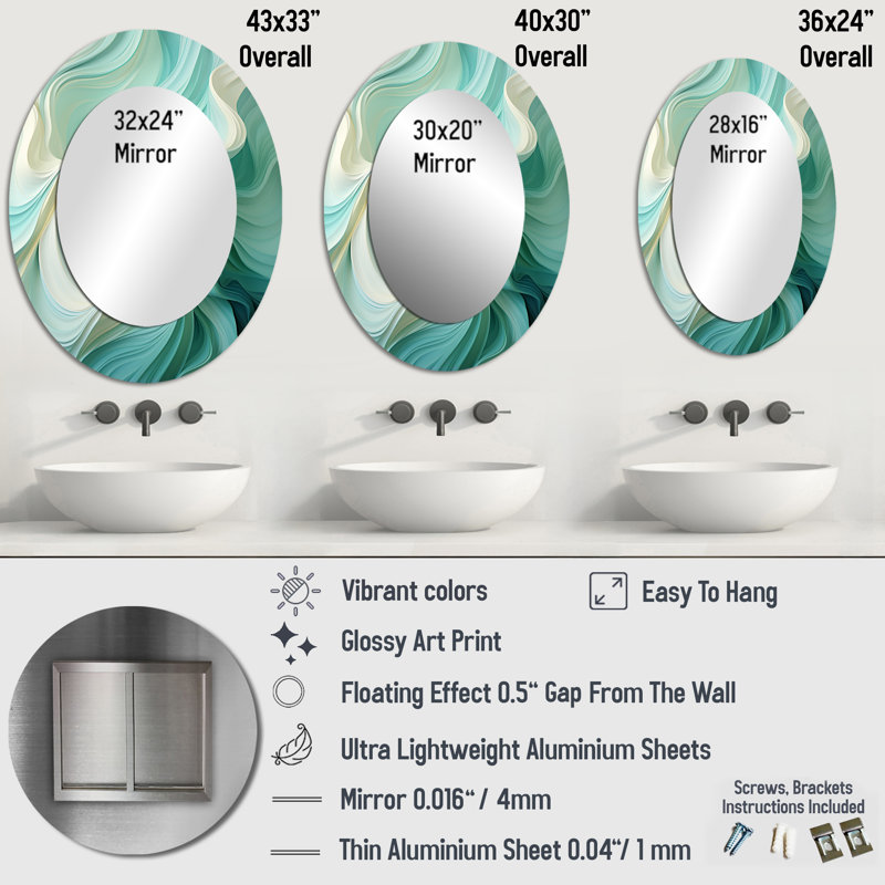 Gree And White Sway Wave Serenity II - Green Oval Wall Mirror Decor, 43" x 33"