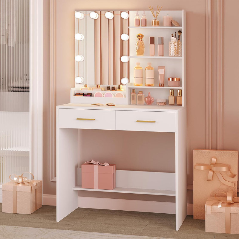 Dressing Table with LED Lighting, Adjustable Brightness, Vanity Desk with Mirror, Dresser with 2 Drawers, 4 Open Shelves and 2 Compartments, Bedroom, Living Room, White 