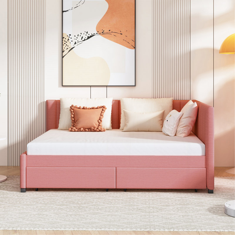 Full Size Upholstered Daybed With 2 Storage Drawers Sofa Bed Frame No Box Spring Needed, Linen Fabric (Pink), Pink